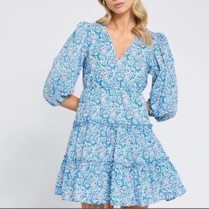 Savida Thea Blue Floral Puff Sleeve Tiered Midi Dress Sz Medium NWT 100% Cotton